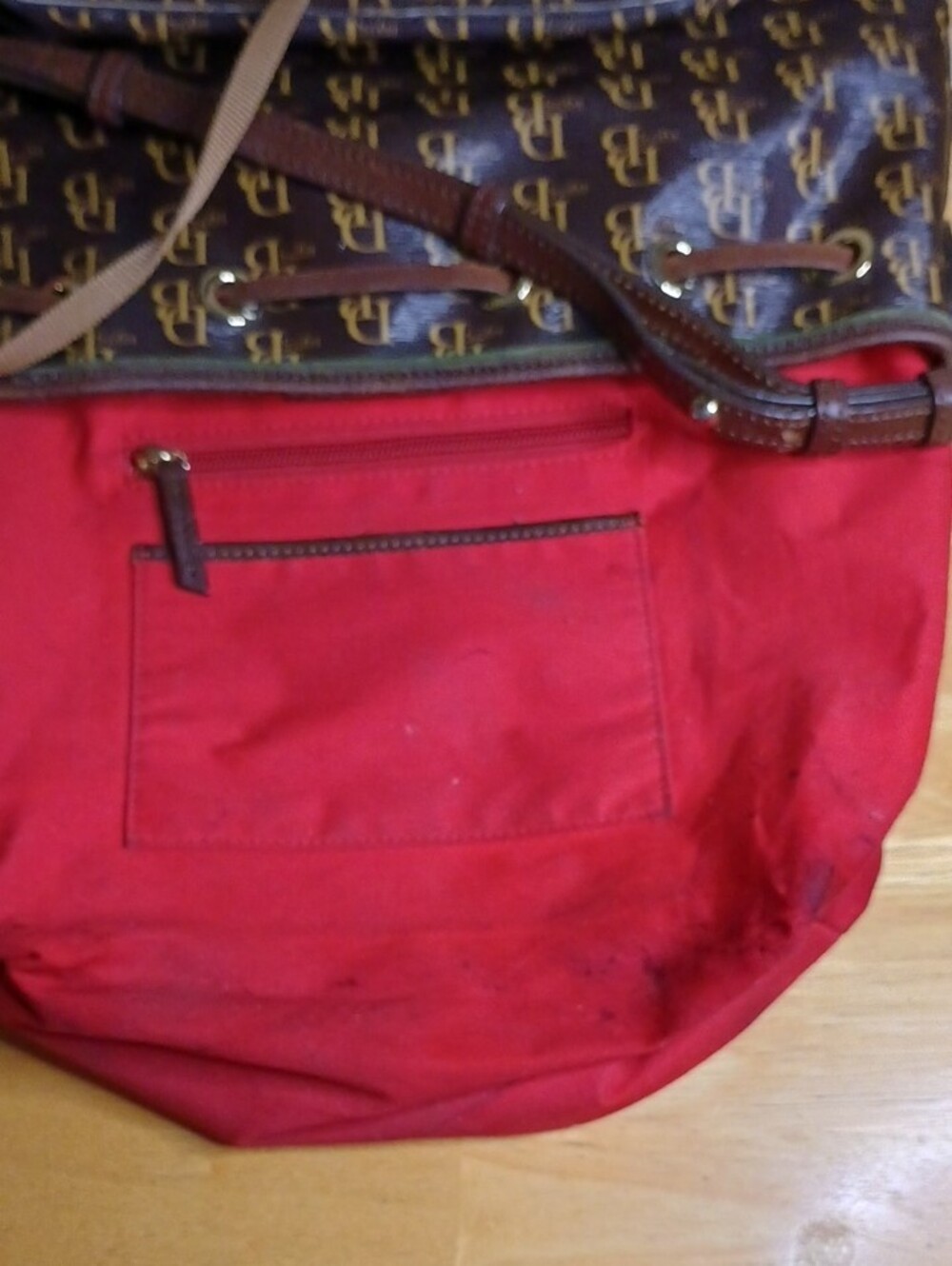 Dooney & Bourke Sutton Brown Logo Drawstring Bucket Bag with Red Interior - Picture 8 of 12